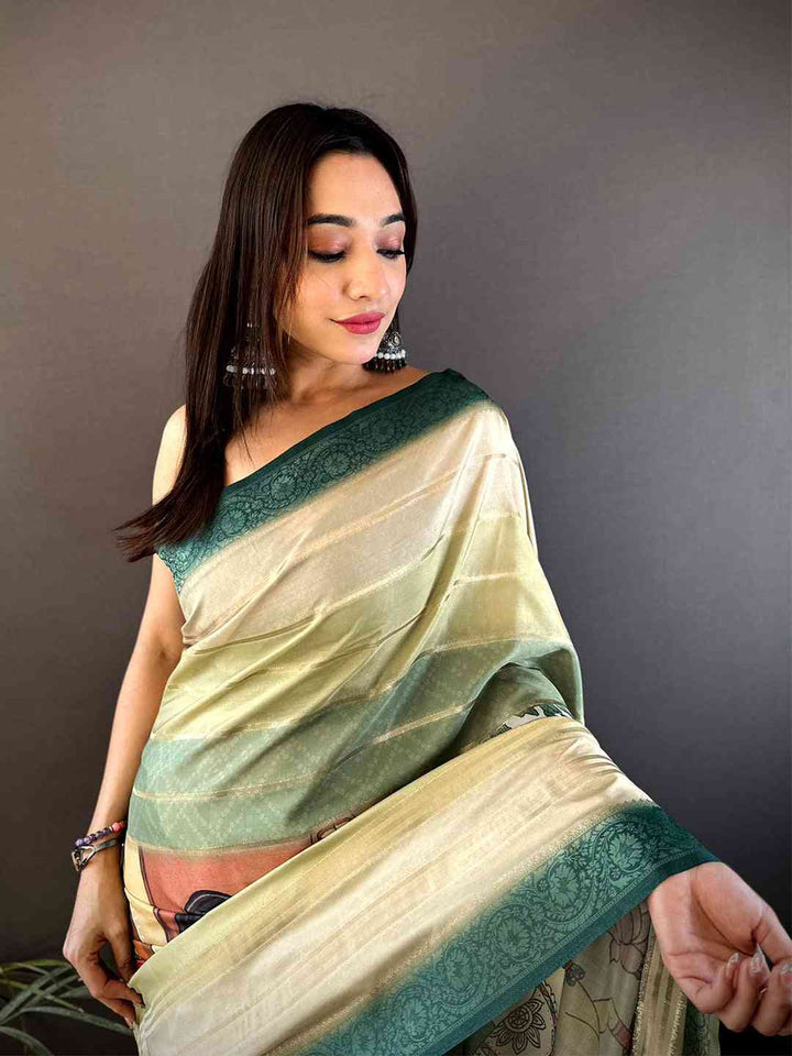 Cream & Bottle Green Soft Silk Saree with Digital Kalamkari Art and Woven Zari Border