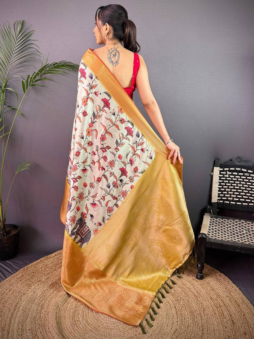 Ivory & Gold Soft Silk Saree with Floral Digital Print and Rich Golden Zari Pallu