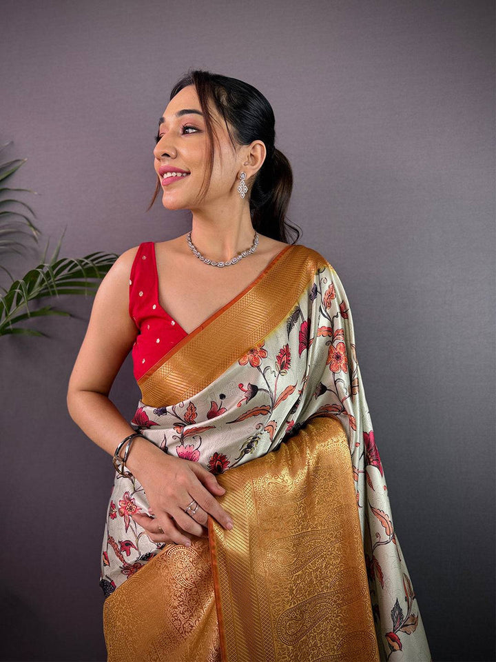 Ivory & Gold Soft Silk Saree with Floral Digital Print and Rich Golden Zari Pallu