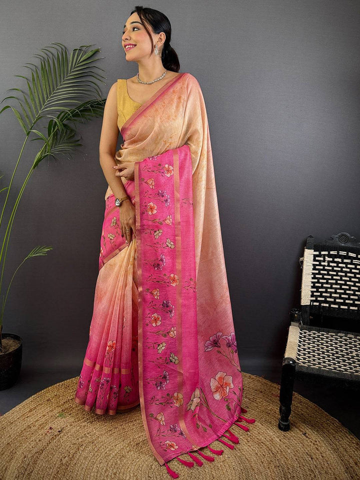 Peach & Pink Soft Silk Saree with Floral Digital Print Border and Ombre Shaded Pallu