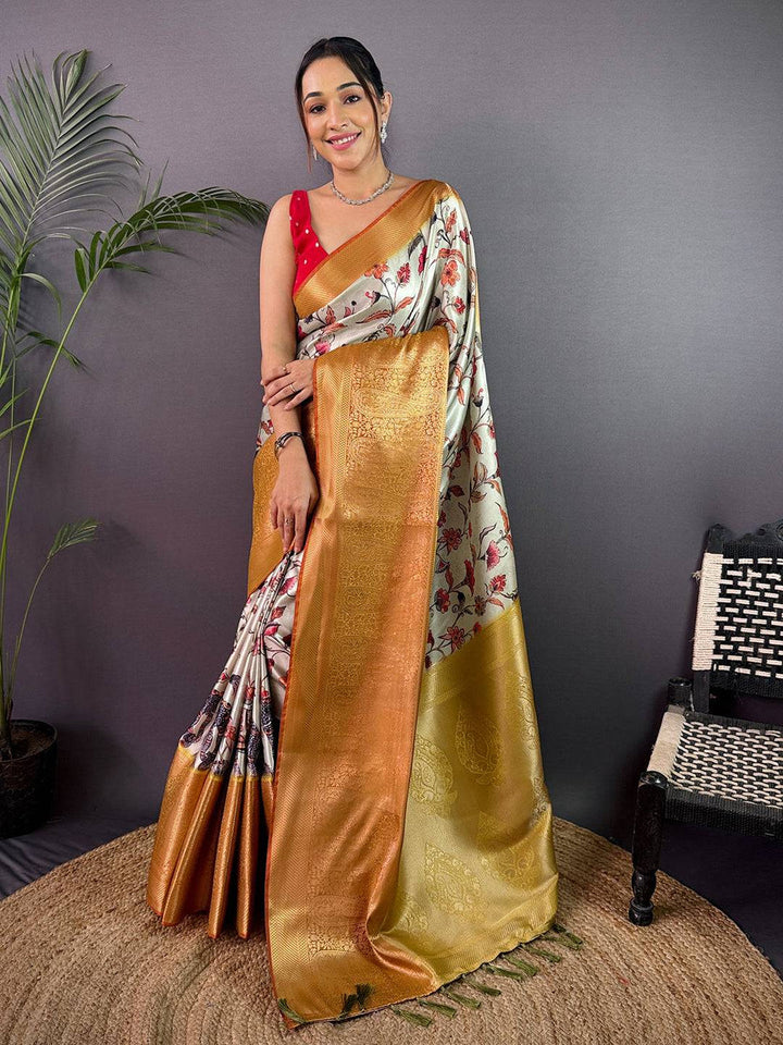 Ivory & Gold Soft Silk Saree with Floral Digital Print and Rich Golden Zari Pallu