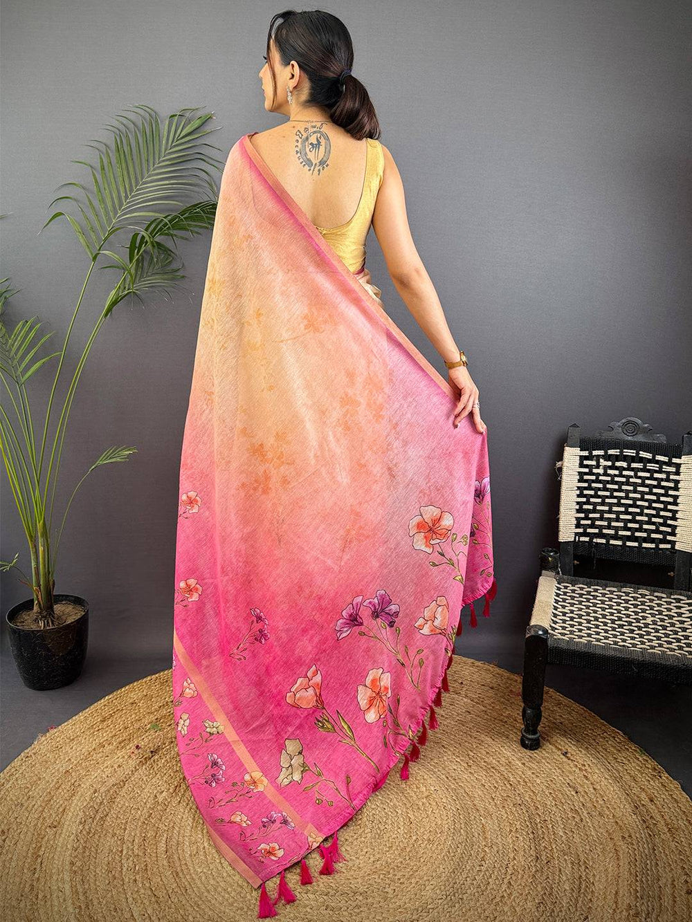 Peach & Pink Soft Silk Saree with Floral Digital Print Border and Ombre Shaded Pallu