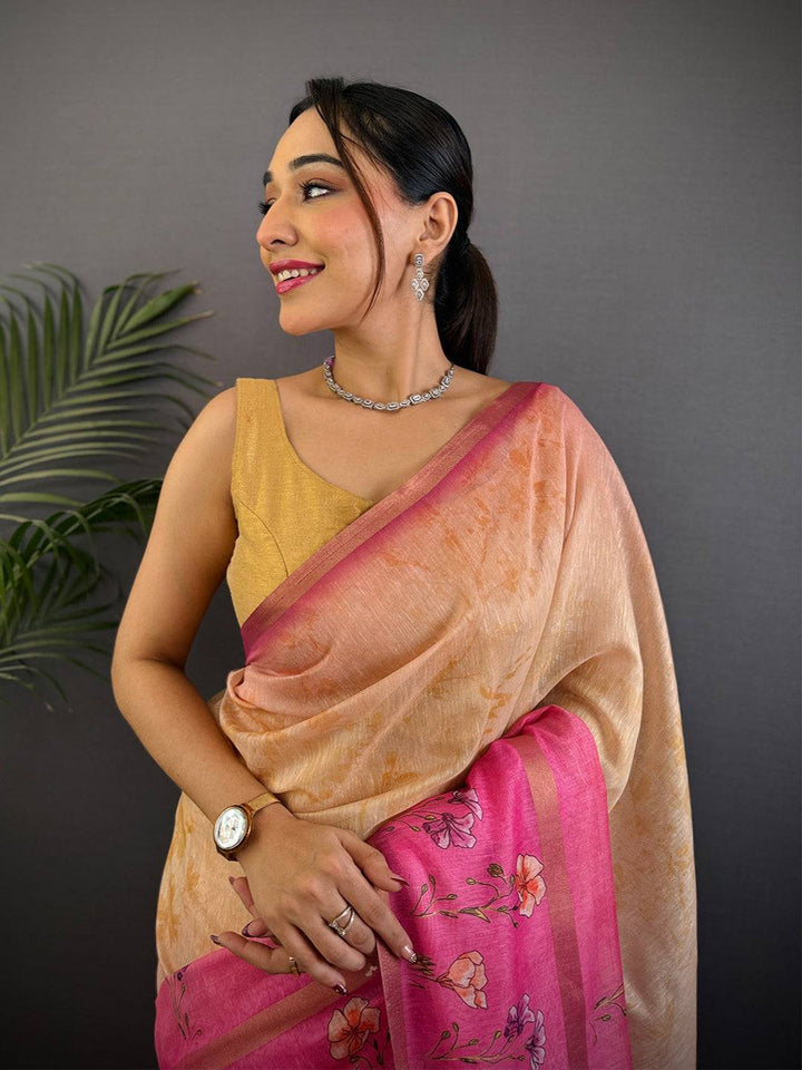Peach & Pink Soft Silk Saree with Floral Digital Print Border and Ombre Shaded Pallu