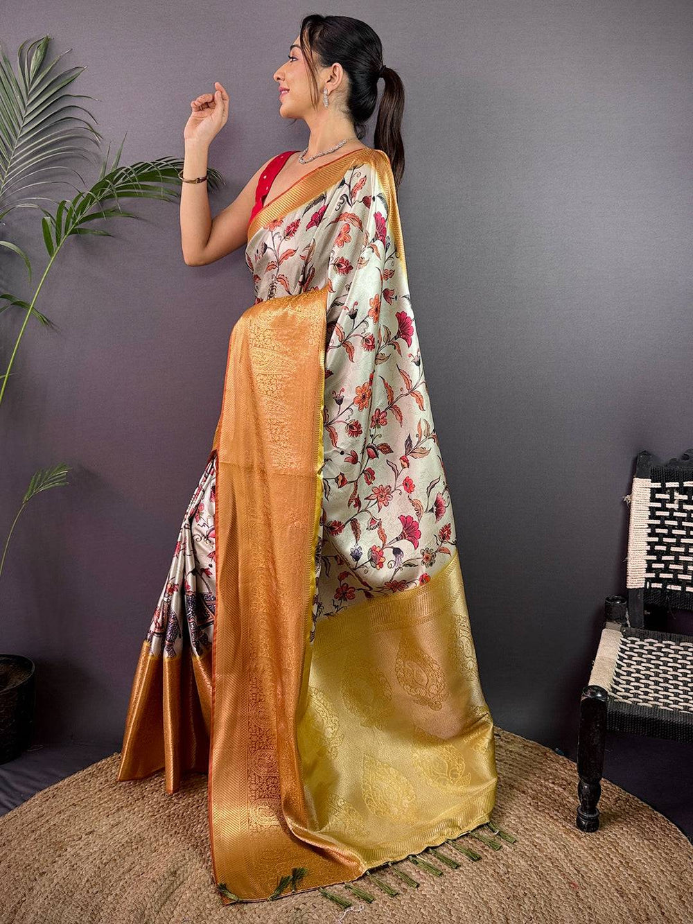 Ivory & Gold Soft Silk Saree with Floral Digital Print and Rich Golden Zari Pallu