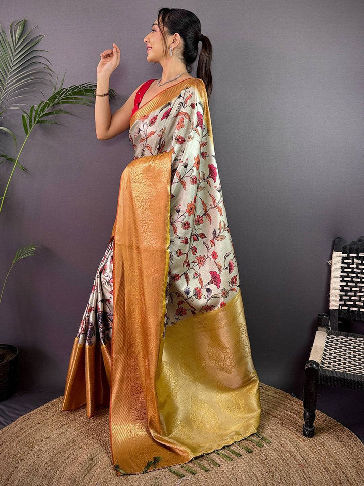 Ivory & Gold Soft Silk Saree with Floral Digital Print and Rich Golden Zari Pallu