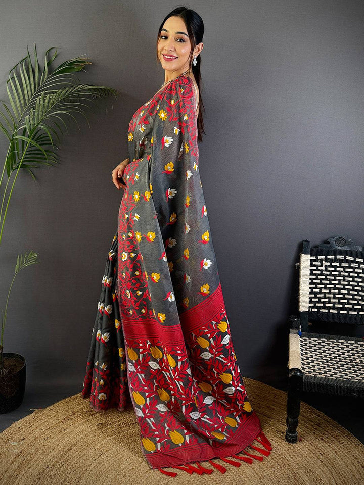 Charcoal Grey Soft Silk Saree with Red & Yellow Floral Digital Print and Contrast Tassel Pallu