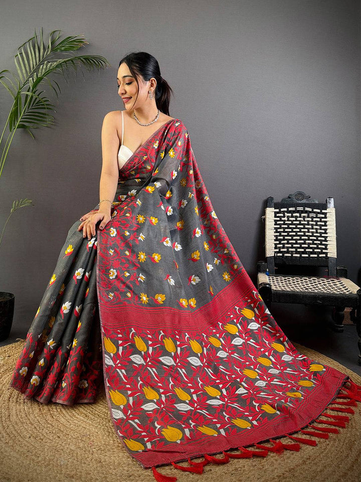 Charcoal Grey Soft Silk Saree with Red & Yellow Floral Digital Print and Contrast Tassel Pallu