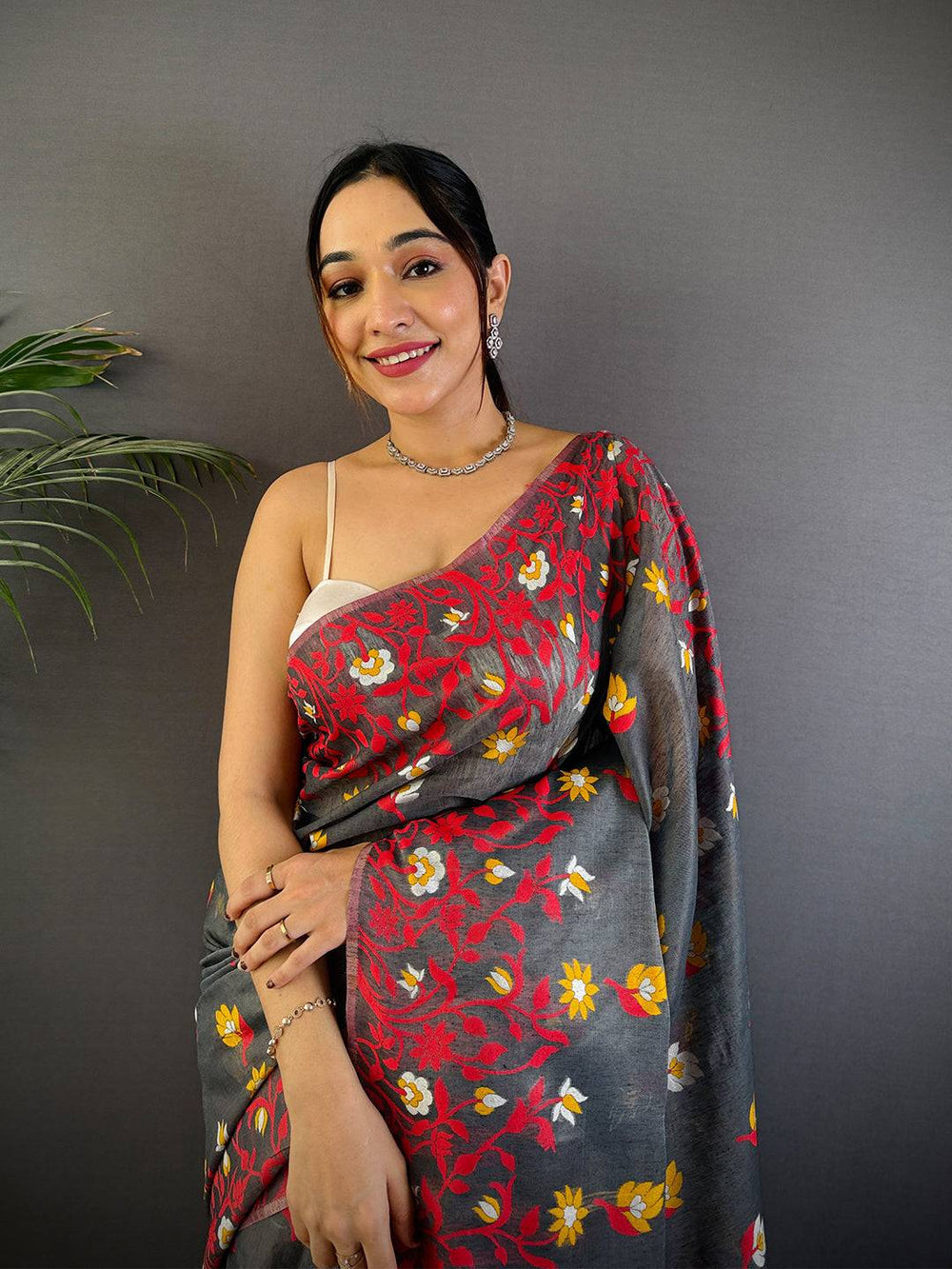 Charcoal Grey Soft Silk Saree with Red & Yellow Floral Digital Print and Contrast Tassel Pallu
