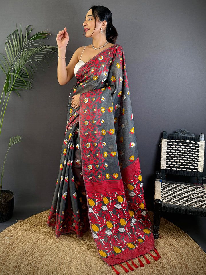 Charcoal Grey Soft Silk Saree with Red & Yellow Floral Digital Print and Contrast Tassel Pallu