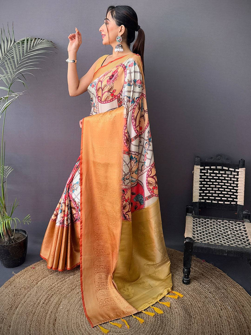 Ivory & Mustard Soft Silk Saree with Artistic Digital Print and Rich Golden Zari Pallu