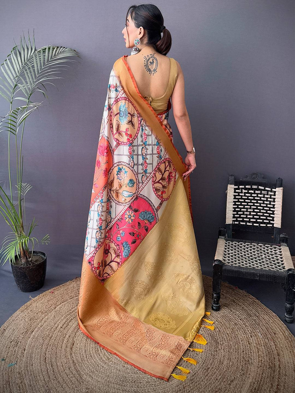 Ivory & Mustard Soft Silk Saree with Artistic Digital Print and Rich Golden Zari Pallu
