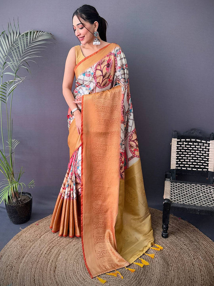 Ivory & Mustard Soft Silk Saree with Artistic Digital Print and Rich Golden Zari Pallu