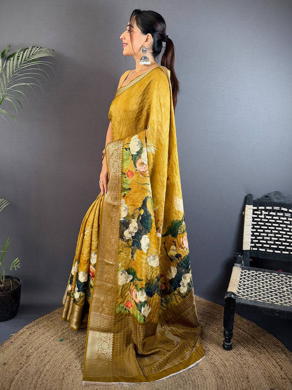 Olive Gold Soft Silk Saree with Floral Digital Print and Elegant Zari Woven Border
