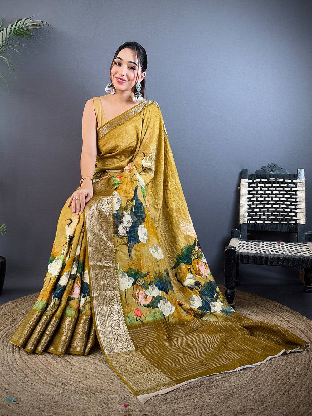 Olive Gold Soft Silk Saree with Floral Digital Print and Elegant Zari Woven Border