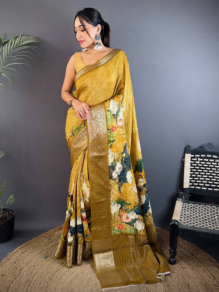 Olive Gold Soft Silk Saree with Floral Digital Print and Elegant Zari Woven Border