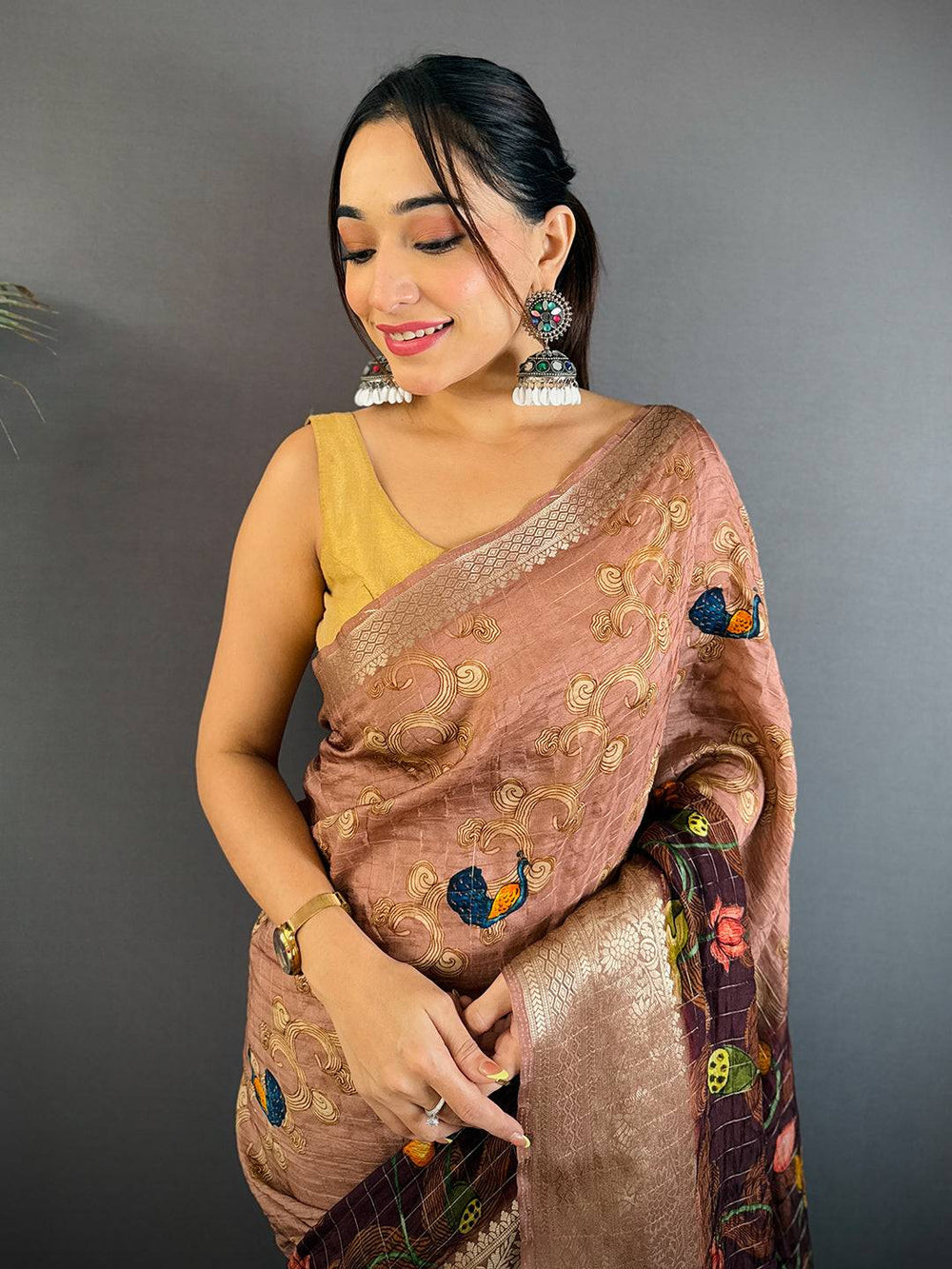 Coffee Brown Soft Silk Saree with Artistic Floral Digital Print and Rich Gold Zari Border