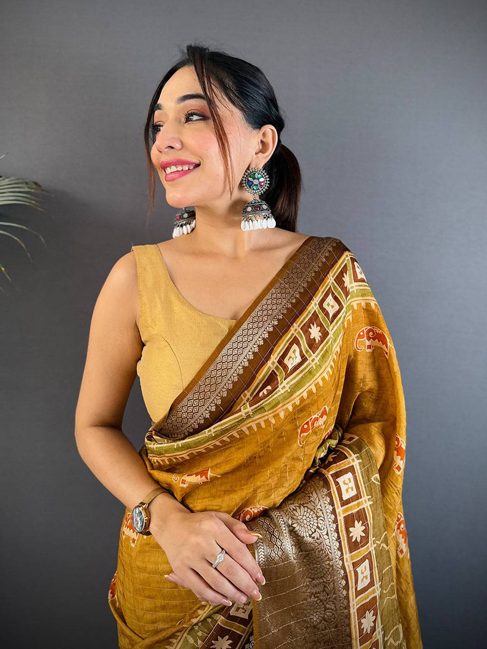 Mustard Soft Silk Saree with Traditional Elephant Digital Print and Rich Gold Zari Pallu