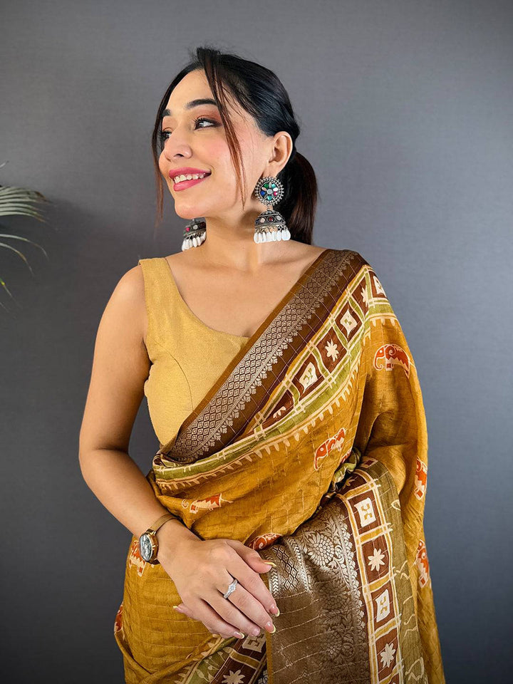 Mustard Soft Silk Saree with Traditional Elephant Digital Print and Rich Gold Zari Pallu