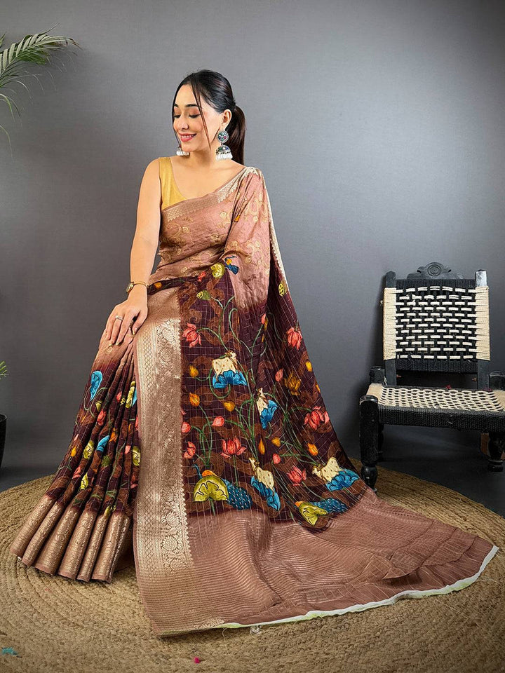 Coffee Brown Soft Silk Saree with Artistic Floral Digital Print and Rich Gold Zari Border