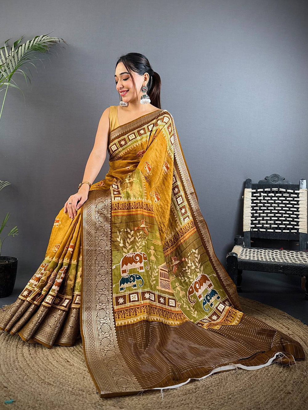 Mustard Soft Silk Saree with Traditional Elephant Digital Print and Rich Gold Zari Pallu