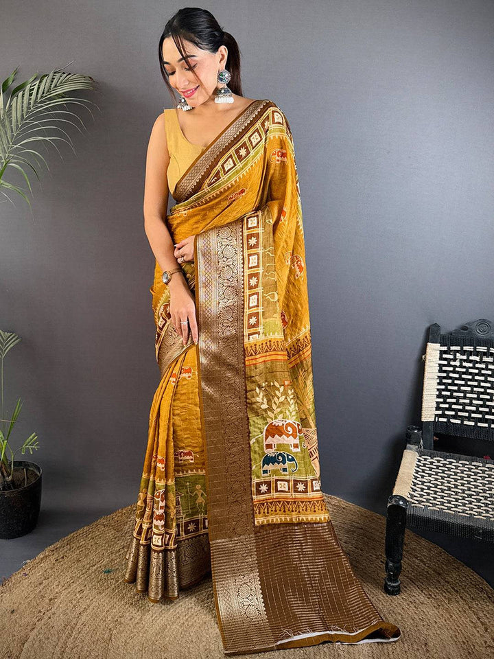 Mustard Soft Silk Saree with Traditional Elephant Digital Print and Rich Gold Zari Pallu