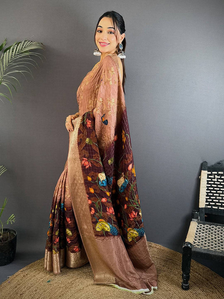 Coffee Brown Soft Silk Saree with Artistic Floral Digital Print and Rich Gold Zari Border