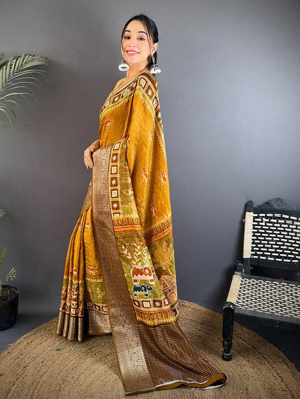 Mustard Soft Silk Saree with Traditional Elephant Digital Print and Rich Gold Zari Pallu