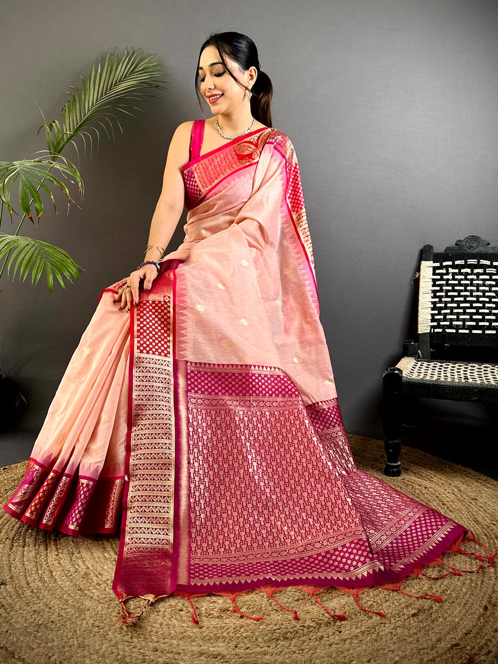 Peach Pink Soft Silk Saree with Rich Magenta Zari Weaving and Traditional Pallu