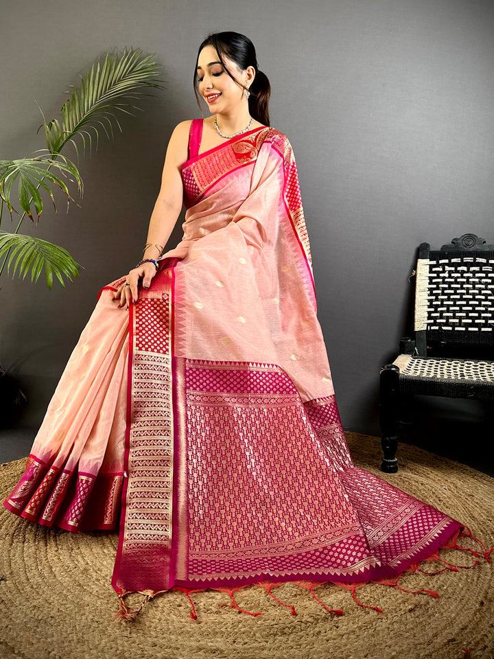 Peach Pink Soft Silk Saree with Rich Magenta Zari Weaving and Traditional Pallu