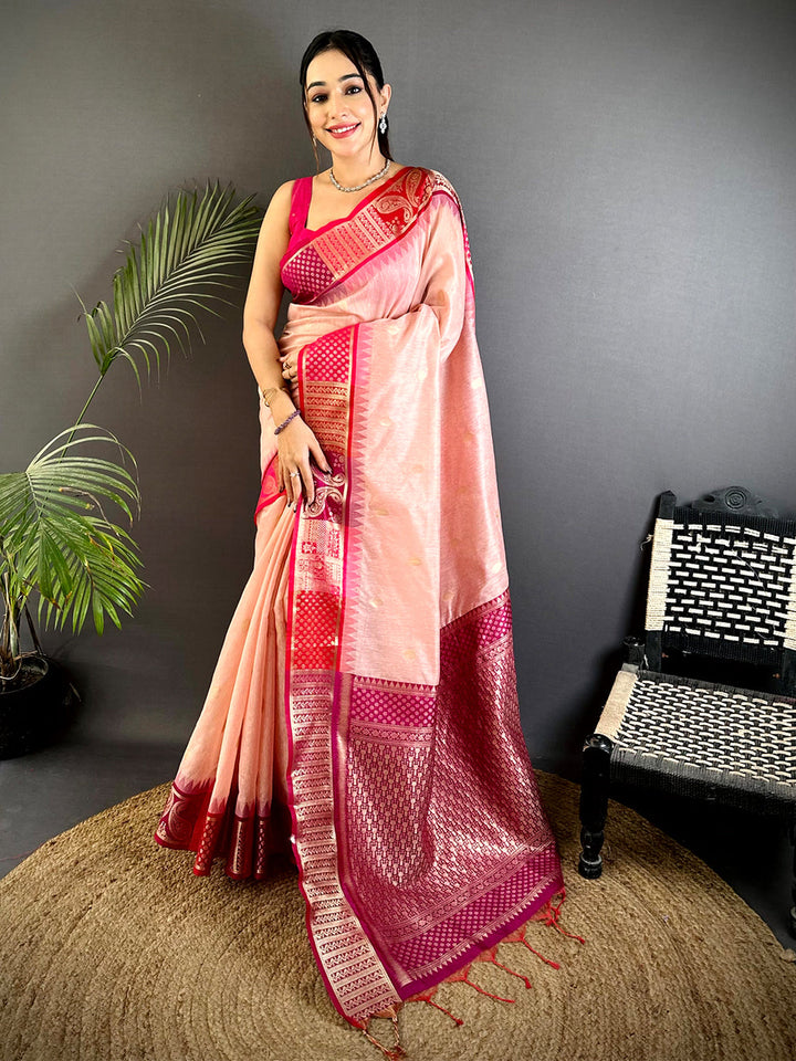 Peach Pink Soft Silk Saree with Rich Magenta Zari Weaving and Traditional Pallu