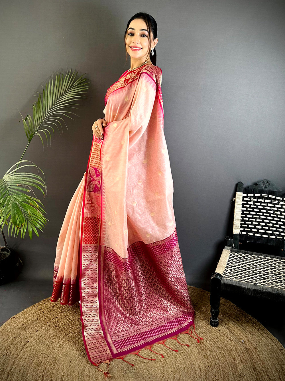 Peach Pink Soft Silk Saree with Rich Magenta Zari Weaving and Traditional Pallu
