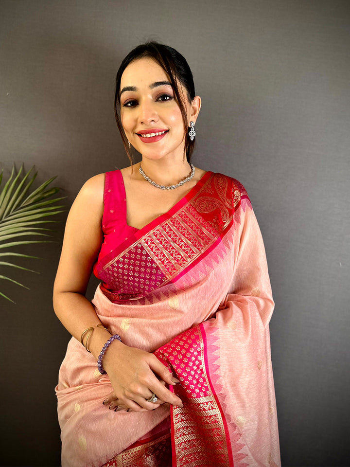 Peach Pink Soft Silk Saree with Rich Magenta Zari Weaving and Traditional Pallu