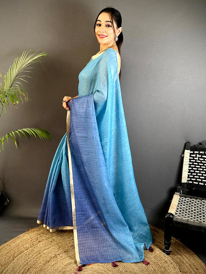 Sky Blue & Navy Blue Linen Soft Silk Saree with Subtle Check Weave and Minimal Golden Border