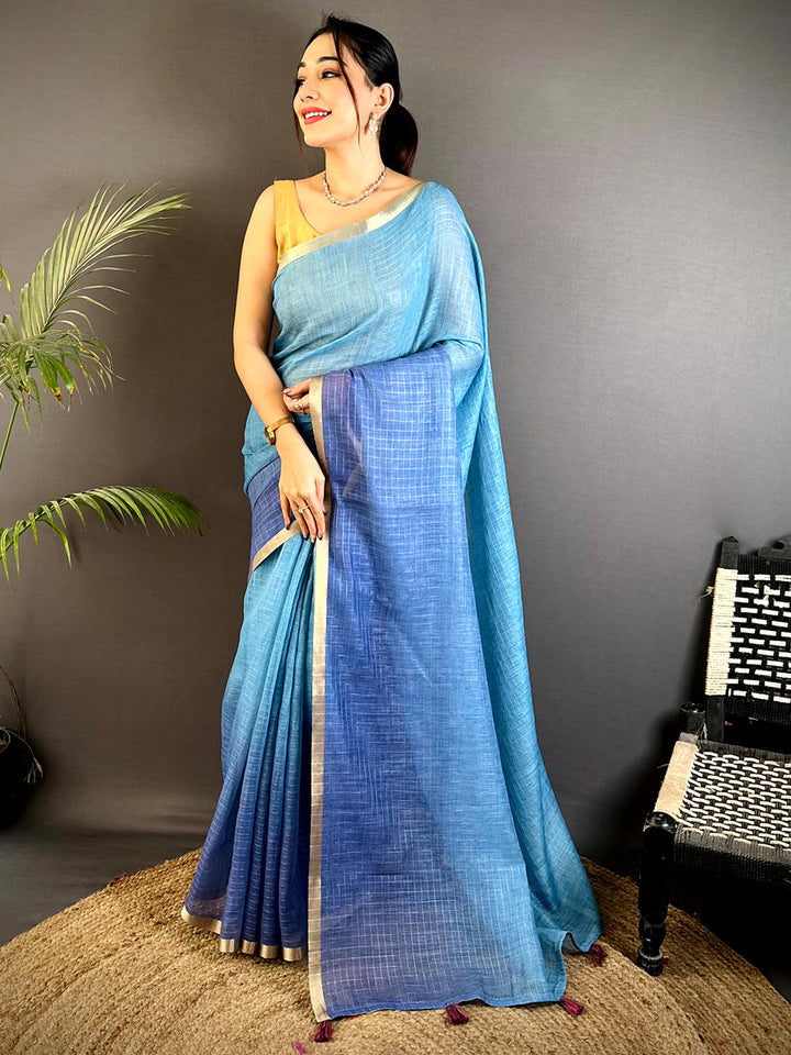 Sky Blue & Navy Blue Linen Soft Silk Saree with Subtle Check Weave and Minimal Golden Border