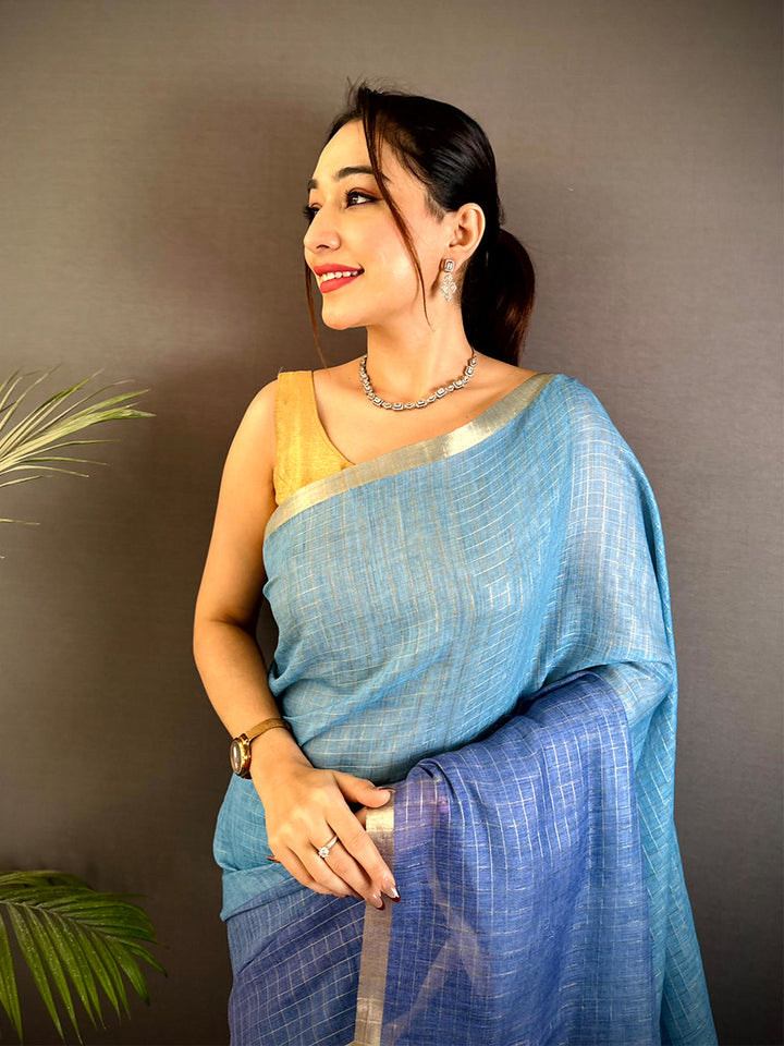 Sky Blue & Navy Blue Linen Soft Silk Saree with Subtle Check Weave and Minimal Golden Border