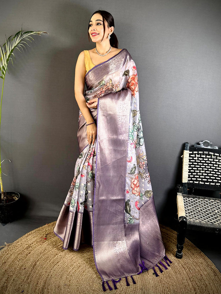 Lavender Soft Silk Saree with Floral Digital Print and Elegant Silver Zari Weaving