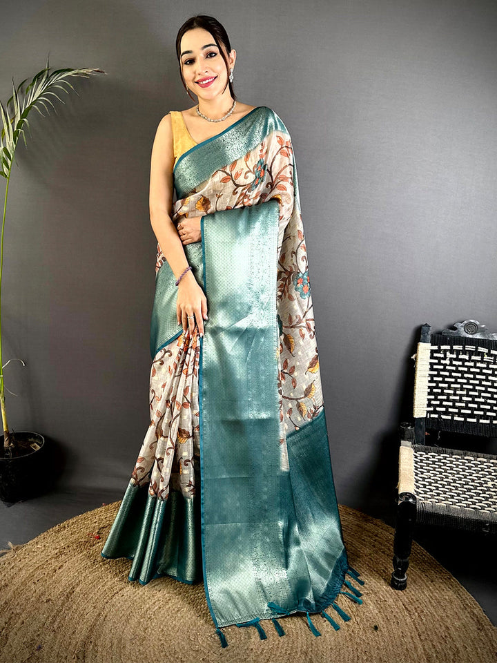 Teal Green Soft Silk Saree with Floral Digital Print and Intricate Zari Weaving
