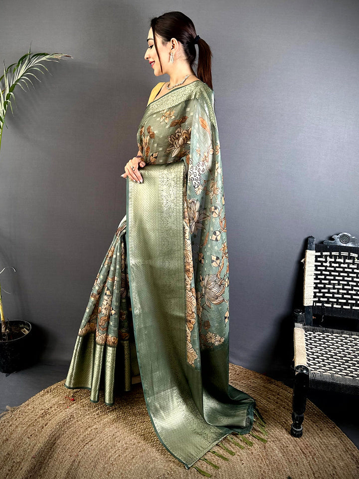 Sage Green Soft Silk Saree with Floral Digital Print & Zari Woven Border
